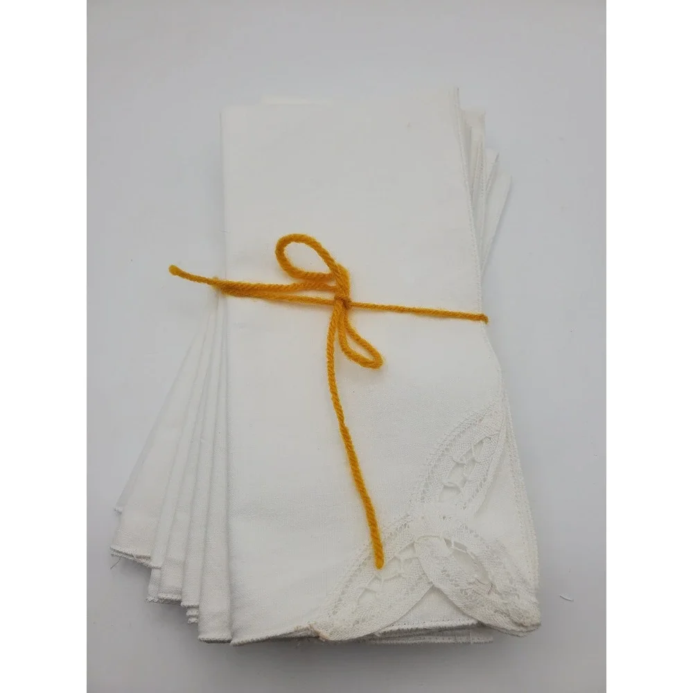 Vintage Mid-Century White Linen Cutwork Napkins - Set of 8